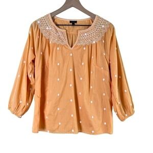 Talbots Embroidered Polka Dots Popover Top in‎ Orange Lightweight Cotton, Small